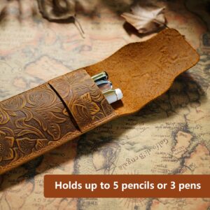 Q1T5 Handmade Genuine Leather Pen Pouch, Vintage Pencil Carrying Sleeve Crazy Horse Leather Pen Protective Bag Carving Style Brown