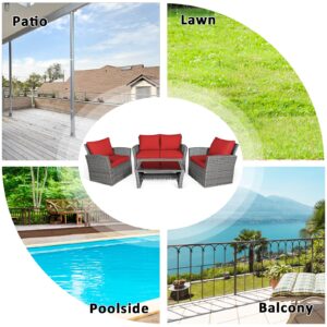 COSTWAY 4 Pieces Patio Rattan Furniture Set, Outdoor Wicker Sofa Set with Tempered Glass Coffee Table, Cushions, All Weather Rattan Conversation Set for Yard Balcony Backyard Pool, Red