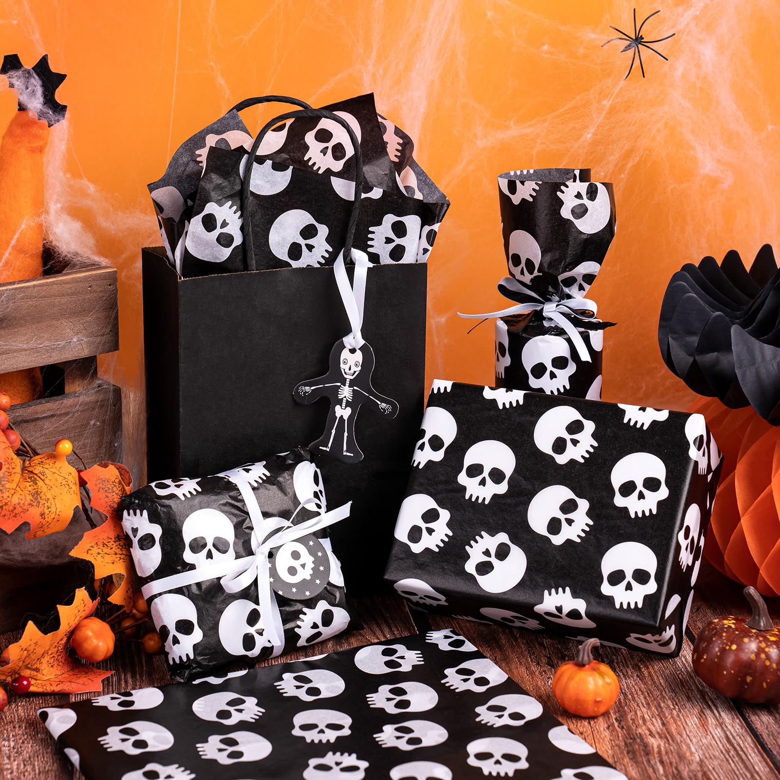 WRAPAHOLIC Halloween Wrapping Tissue Paper - 25 Sheets 19.7x27.5 Inch Black and White Skull Design Bulk for Packing, DIY Crafts