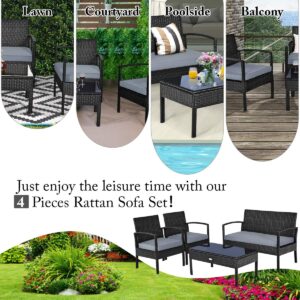 COSTWAY 4PCS Patio Rattan Furniture Set, Outdoor Wicker Conversation Set with Tempered Glass Coffee Table, Seat Cushions, Ideal for Poolside Balcony Porch Backyard