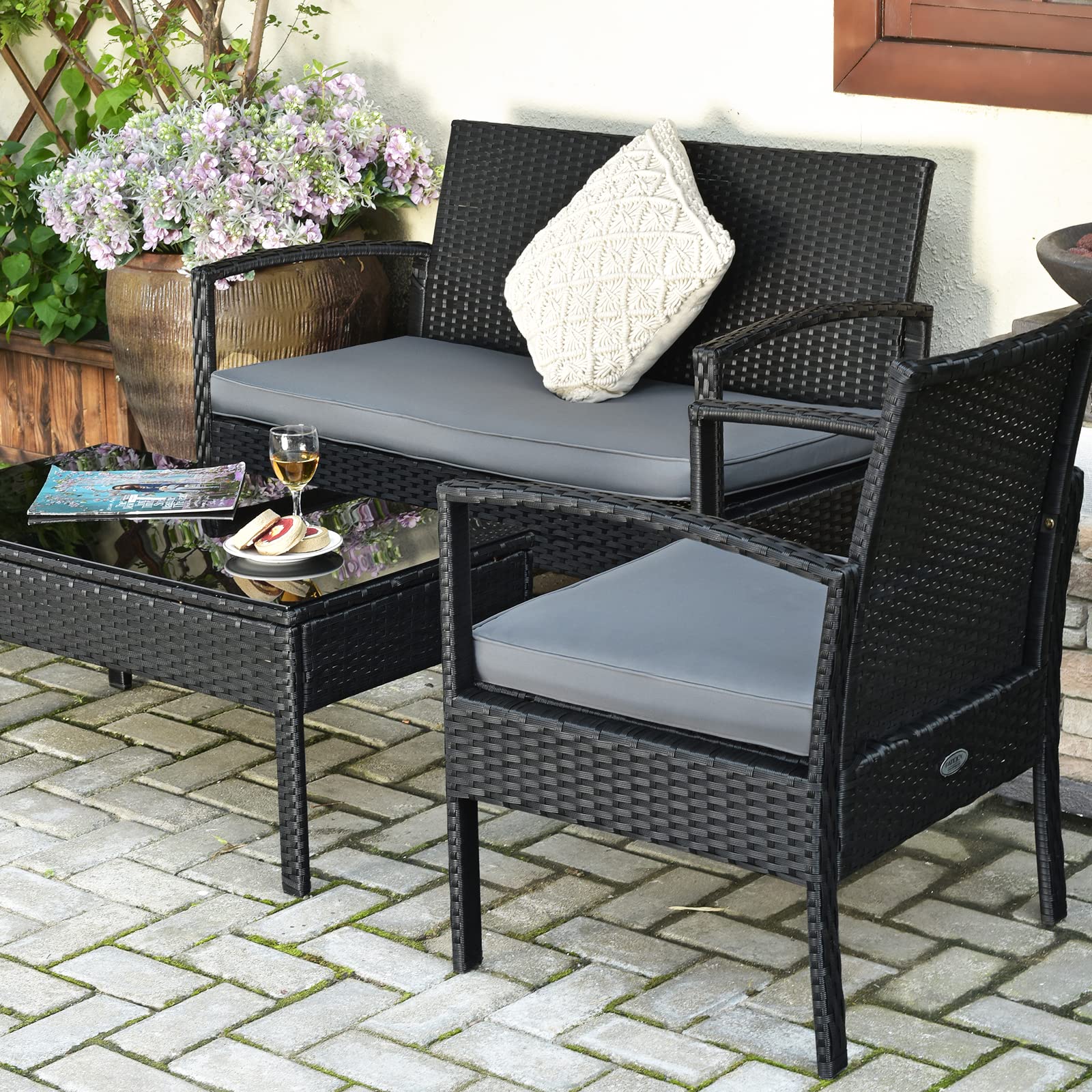 COSTWAY 4PCS Patio Rattan Furniture Set, Outdoor Wicker Conversation Set with Tempered Glass Coffee Table, Seat Cushions, Ideal for Poolside Balcony Porch Backyard