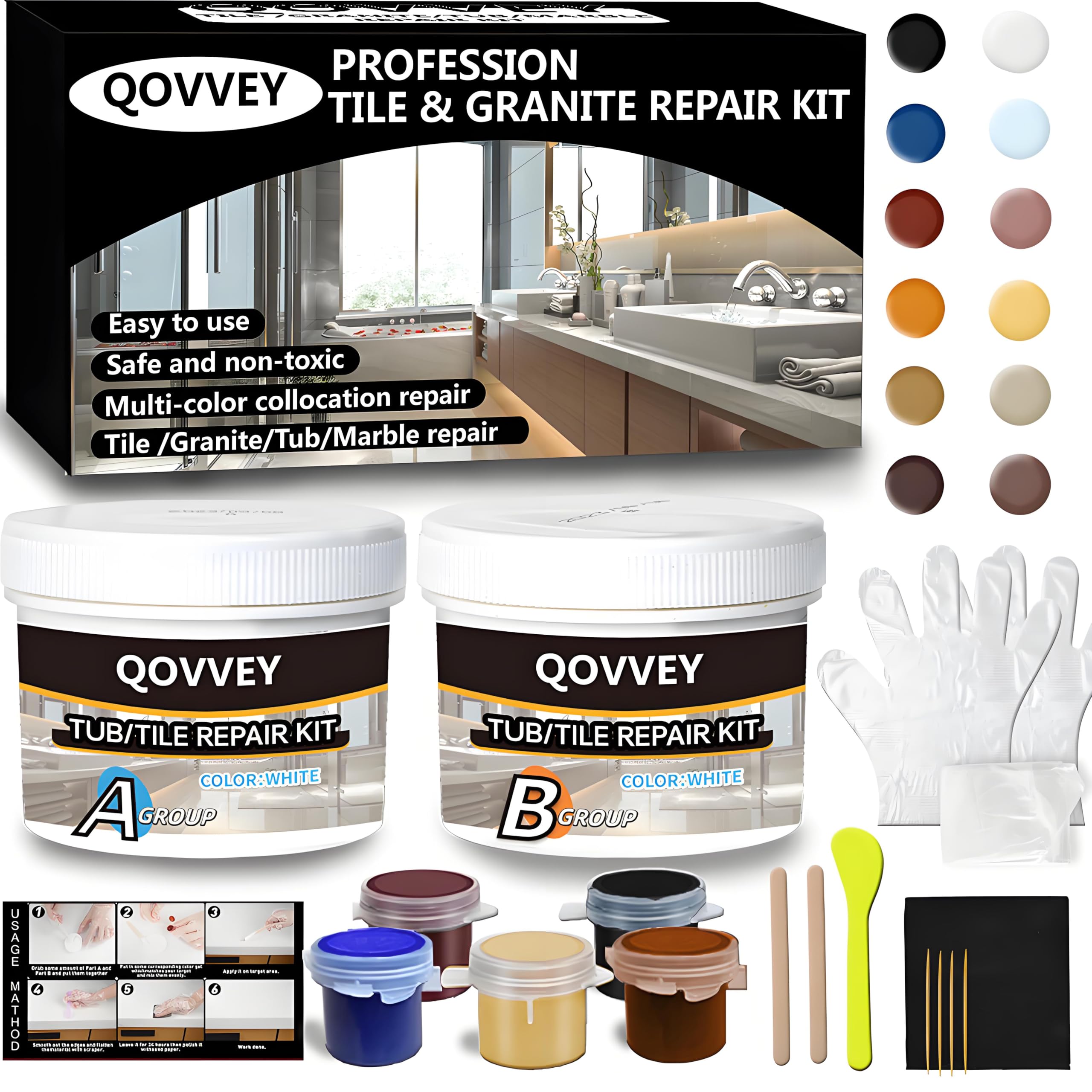 Tile & Fiberglass Quartz Countertop Repair Kit, Granite & Tub Repair Kit, 4 OZ Porcelain Sink Corian Travertine Mable Chip Repair Kit for Cracks