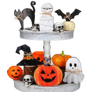 leinuosen 6 pcs halloween tiered tray decor halloween decorations cat mummy ghost wooden sign pumpkin witch tiered tray decor items farmhouse rustic standing for home table centerpiece party favors