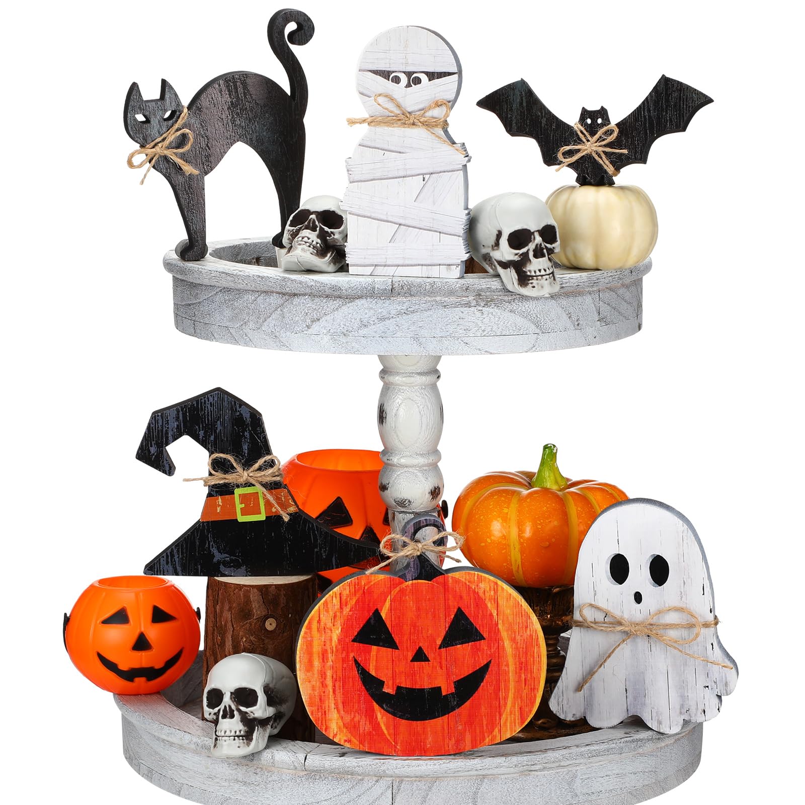 Leinuosen 6 Pcs Halloween Tiered Tray Decor Halloween Decorations Cat Mummy Ghost Wooden Sign Pumpkin Witch Tiered Tray Decor Items Farmhouse Rustic Standing for Home Table Centerpiece Party Favors