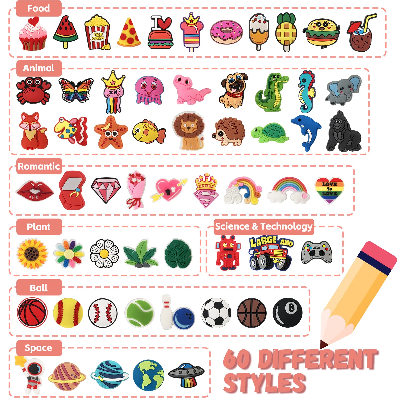 Zddaoole 60 Pcs Cute Pencil Topper Decoration, Different Pencil Clip Designs, Suitable for School Prize, Classroom Reward, Gift Idea