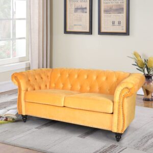 LEVNARY Velvet Sofa, Chesterfield Tufted Upholstered 2 Seater Couch, Modern Loveseat Couch Classic Furniture for Living Room Bedroom (Yellow)