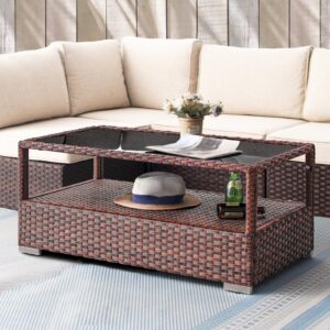 dimar garden outdoor coffee table wicker patio rattan side table with glass top and storage shelf,40in mixed brown