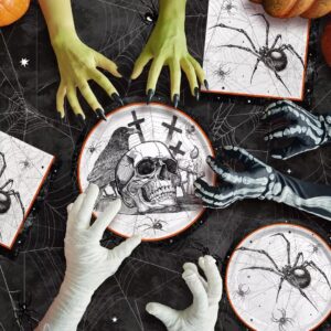 Gatherfun Spider Webs Halloween Party Supplies - Featuring Skull & Spider Themes, All-inclusive Wicked Web Paper Plates and Napkins. Ideal for Halloween Party Decorations, Serve 50 Guests.