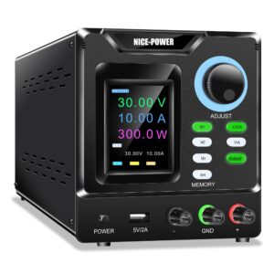 nice-power dc power supply variable 30v 10a, bench power supply with memory storage and encoder knob, adjustable regulated dc power supply with color display, output switch, lock button, pc software