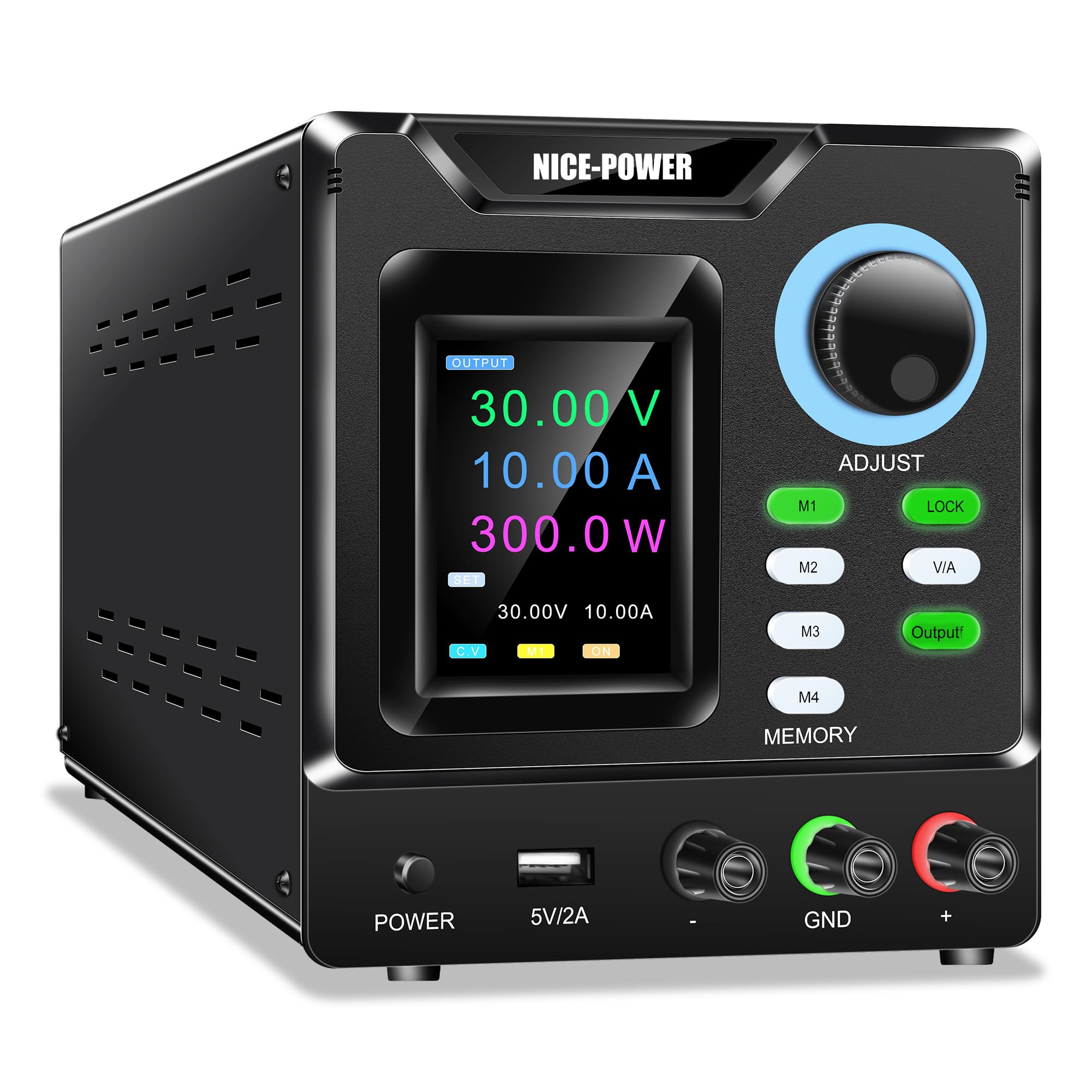 NICE-POWER DC Power Supply Variable 30V 10A, Bench Power Supply with Memory Storage and Encoder Knob, Adjustable Regulated DC Power Supply with Color Display, Output Switch, Lock Button, PC Software