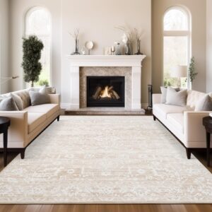 soalmost 8x10 area rugs for living room, stain resistant neutral washable rugs for dining room, floral vintage non-slip thin large size area rug beige