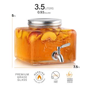 MosJos Glass Drink Dispenser for Fridge - Stainless Steel Spigot Mason Jar Dispenser with Wide Opening & Easy-Fill - Beverage Storage for Outdoor, Water, Iced Tea, Juice, Sangria & Detergent, 1 GALLON