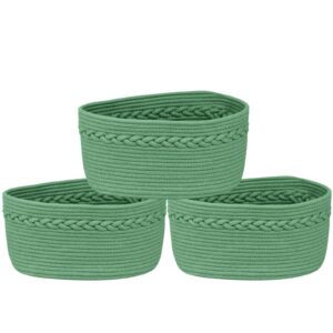 savstor small storage basket rope woven cotton basket for organizing household purposes, decorative basket for nursery living room shelves closet, oval, 13 x 8.6 x 7.1in, green, 3 packs