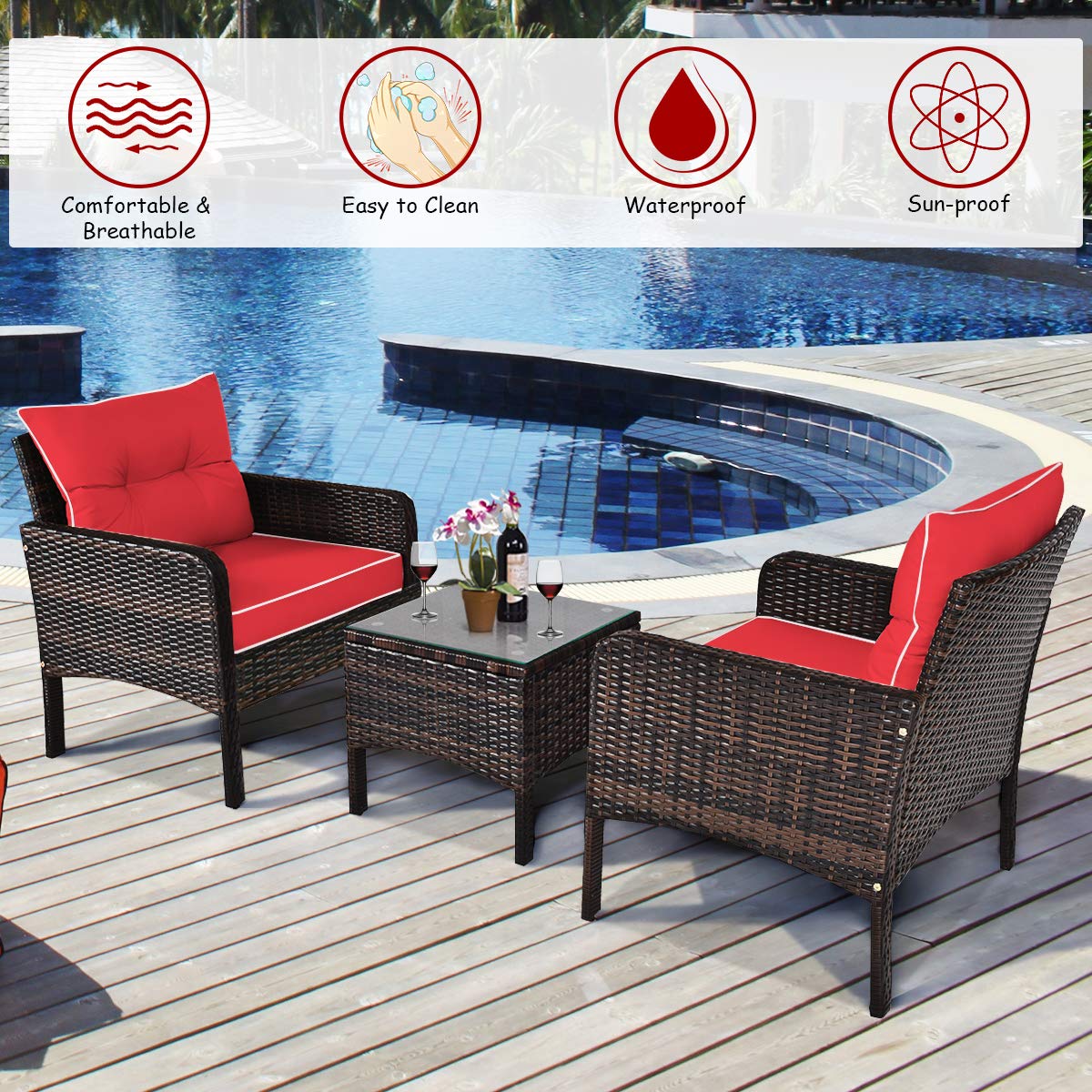 COSTWAY 3PCS Patio Furniture Set, Outdoor Wicker Cushioned Sofa Set with Coffee Table, All Weather Rattan Conversation Set for Garden Balcony Backyard Poolside Lawn, Red