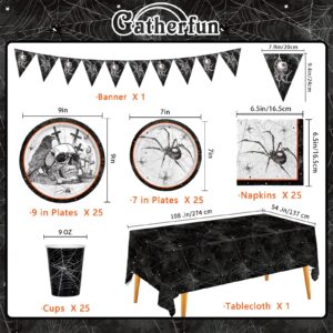 Spider Webs Halloween Party Supplies - Featuring Skull & Spider Themes, All-inclusive Wicked Web Paper Plates, Napkins, Cups, Tablecloth, and Banner. Ideal for Halloween Party Decorations, Serve 25 .