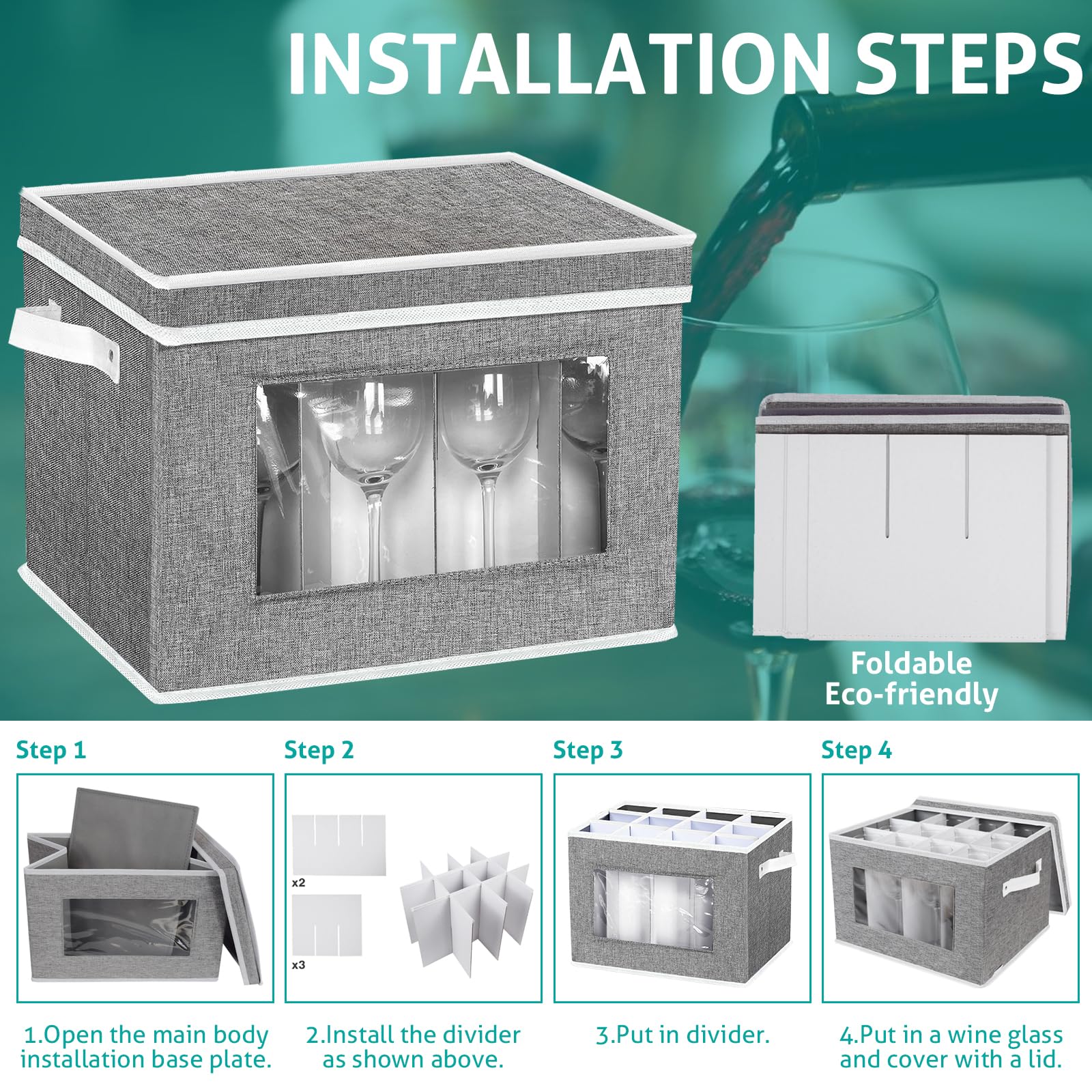 homyfort 2 Pack Stemware Storage Cases, Wine Glass Storage Box with Dividers, China Crystal Glass Storage Containers Organizer for 24 Glassware Moving and Protection (Grey)