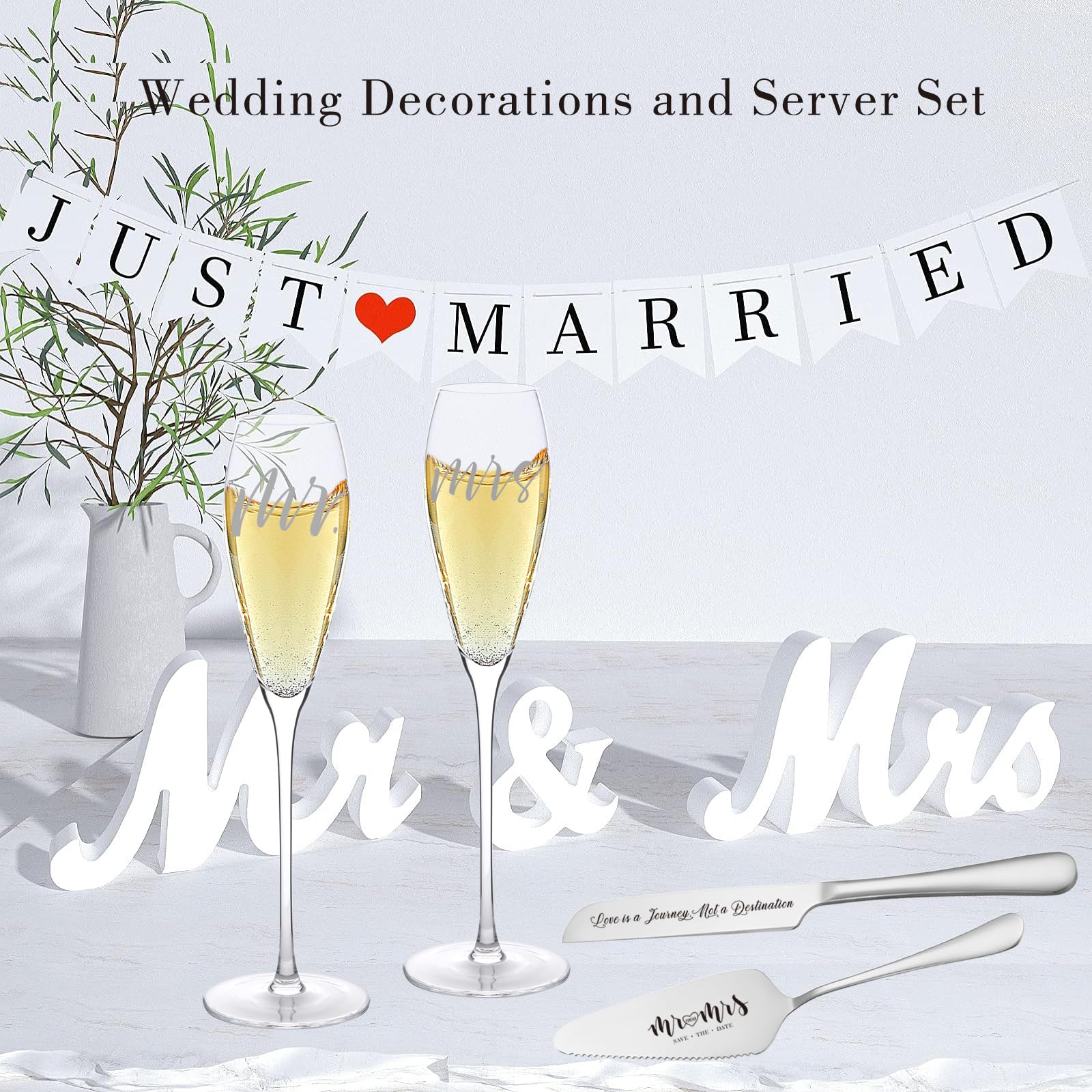 YULVINE Engraved Mr and Mrs Champagne Flutes Wooden Sign,Wedding Toasting Glasses for Bride and Groom,Cake Knife and Server Set Just Married Banner for Couple Reception Ceremony