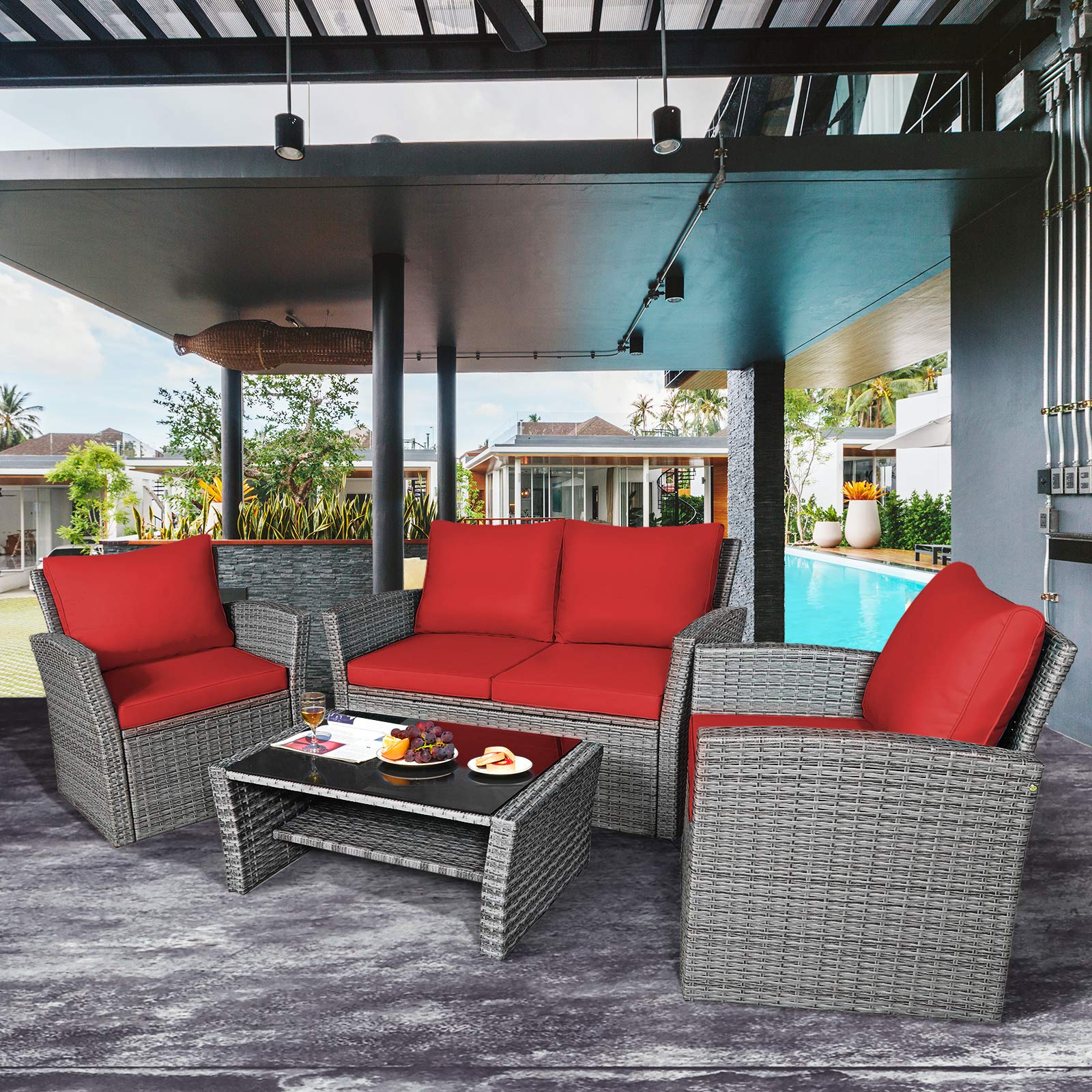 COSTWAY 4 Pieces Patio Rattan Furniture Set, Outdoor Wicker Sofa Set with Tempered Glass Coffee Table, Cushions, All Weather Rattan Conversation Set for Yard Balcony Backyard Pool, Red