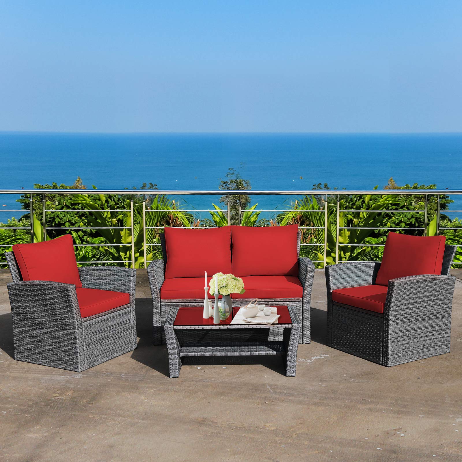 COSTWAY 4 Pieces Patio Rattan Furniture Set, Outdoor Wicker Sofa Set with Tempered Glass Coffee Table, Cushions, All Weather Rattan Conversation Set for Yard Balcony Backyard Pool, Red