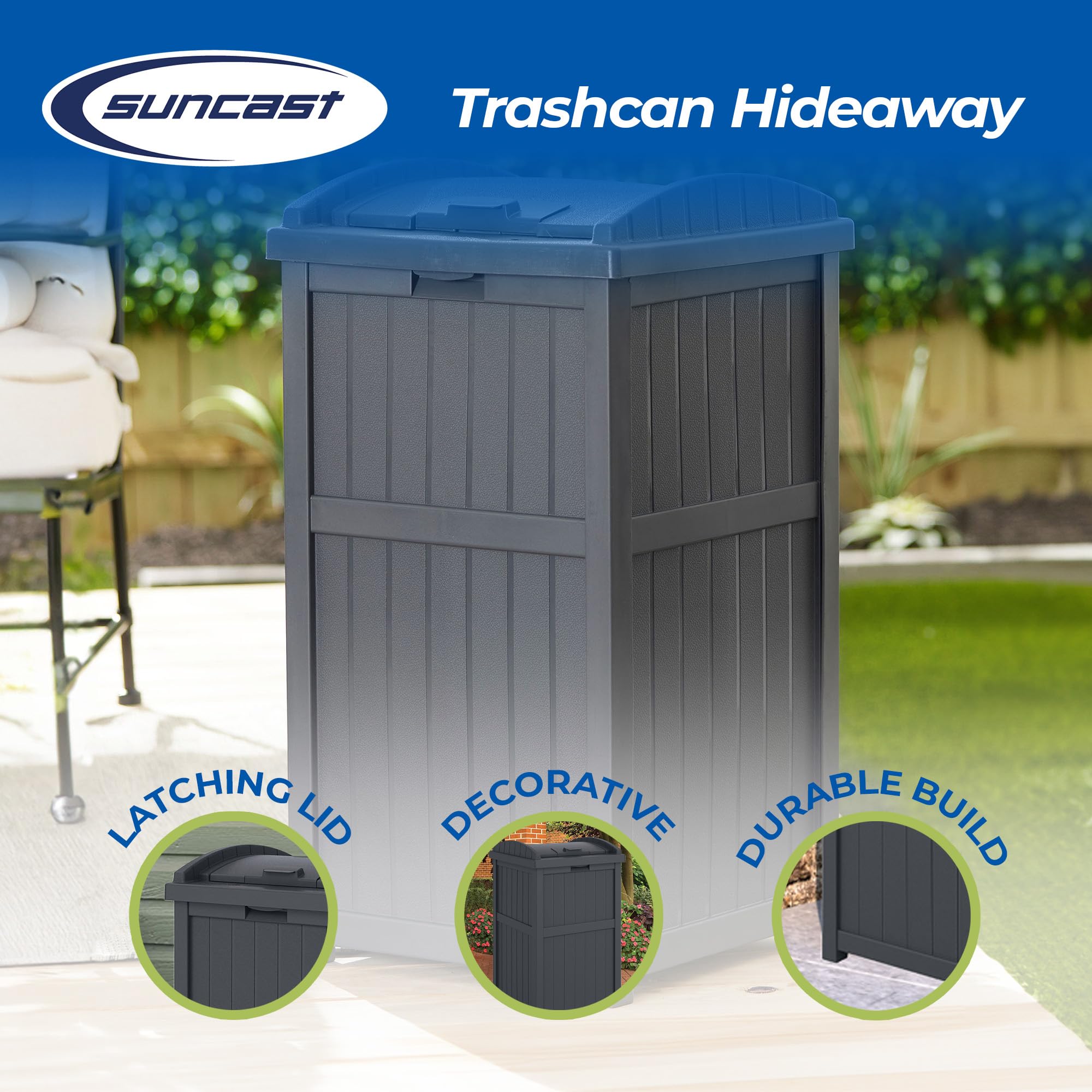 Suncast 22-Gallon Outdoor Patio Backyard Deck Box Storage Bench and 30-Gallon Hideaway Trash Waste Bin with Latching Lid, Cyberspace