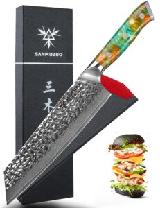 sanmuzuo 8.5" kiritsuke knife - professional kitchen chef knife - hammered damascus steel & resin handle - yao series