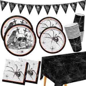 spider webs halloween party supplies - featuring skull & spider themes, all-inclusive wicked web paper plates, napkins, cups, tablecloth, and banner. ideal for halloween party decorations, serve 25 .