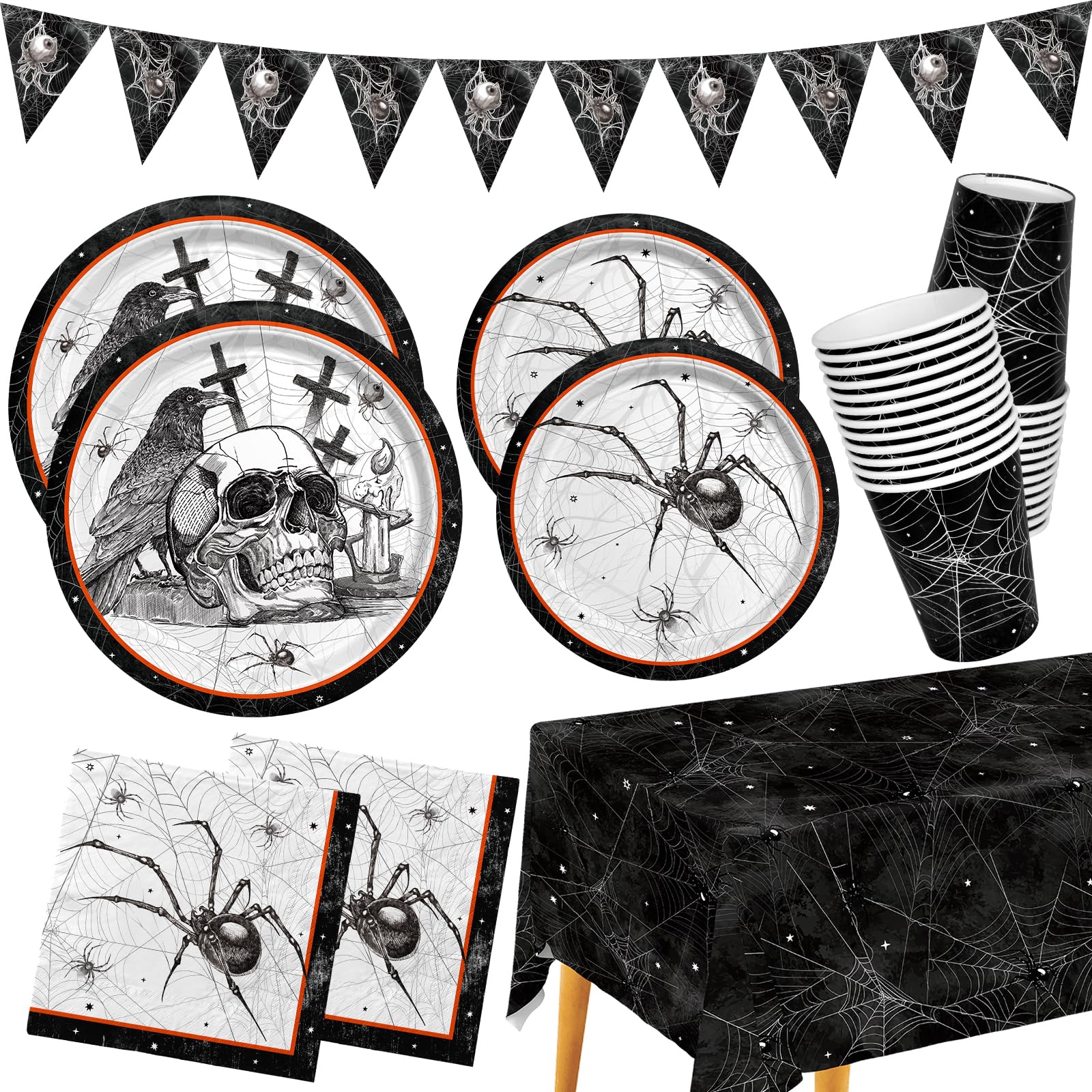 Spider Webs Halloween Party Supplies - Featuring Skull & Spider Themes, All-inclusive Wicked Web Paper Plates, Napkins, Cups, Tablecloth, and Banner. Ideal for Halloween Party Decorations, Serve 25 .