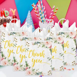 50 Pcs Thank You Gift Bags Floral Design, 8.66x7x3.14" Thank You Kraft Paper Bags with Handle for Wedding, Birthday, Business, Shopping, Baby Showers, Party Favor, Memorial Day, Graduation, Party