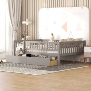 polibi full size daybed,wood full day bed frames with two drawers and safety guardrails for bedroom living room kids adults, gray