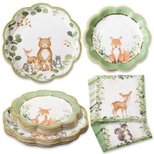 kate aspen 62 piece woodland baby shower tableware party kit - 7 inch (16x) & 9 inch (16x) heavy duty disposable plates, durable paper napkins (30x)