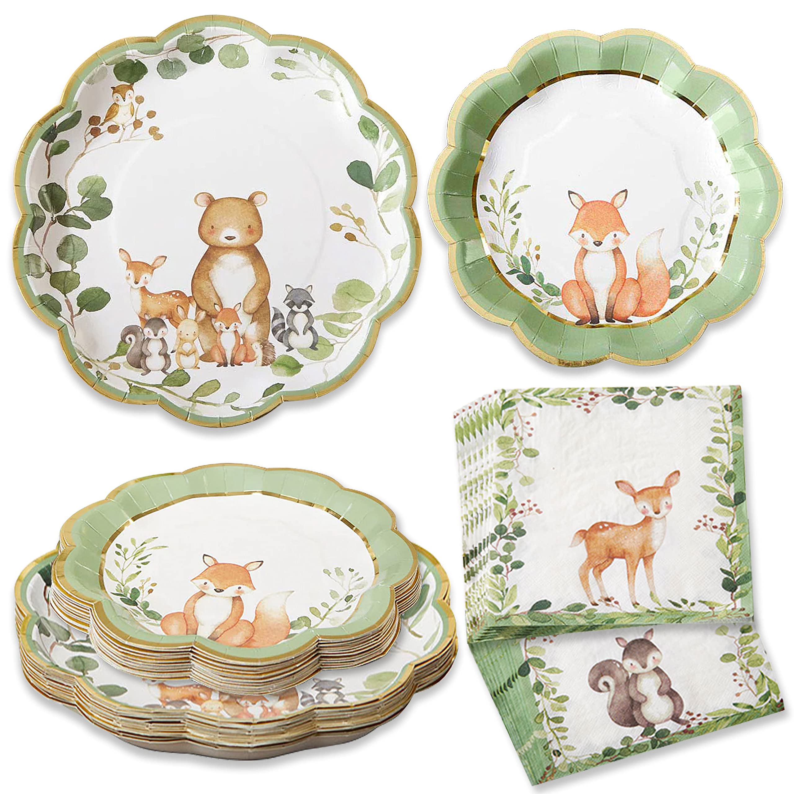 Kate Aspen 62 Piece Woodland Baby Shower Tableware Party Kit - 7 inch (16x) & 9 inch (16x) Heavy Duty Disposable Plates, Durable Paper Napkins (30x)