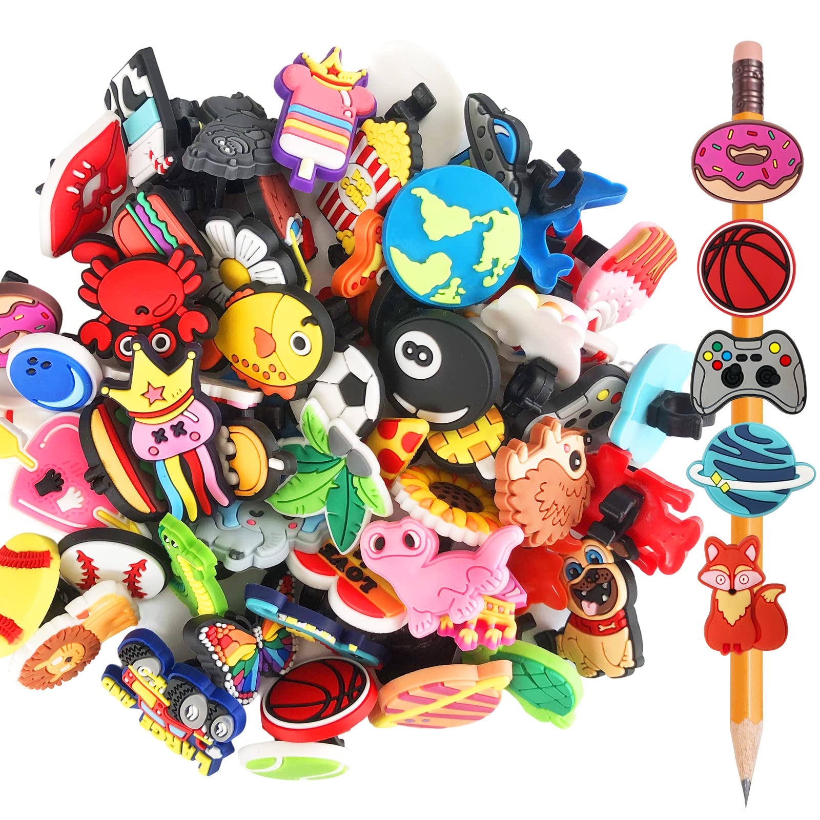 Zddaoole 60 Pcs Cute Pencil Topper Decoration, Different Pencil Clip Designs, Suitable for School Prize, Classroom Reward, Gift Idea