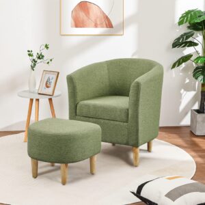 DAZONE Mid Century Modern Chair, Accent Chair Barrel with Ottoman Comfy Arm Footrest Set Comfortable Living Room Chairs Upholstered Round Club Tub Sofa for Bedroom Reading Green, Set of 1