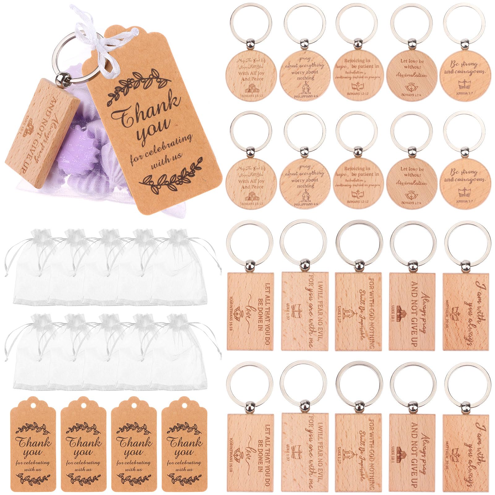 150 Pcs Wooden Bible Inspirational Keychains Bible Verse Bulk Key Rings with Thank You Card & Organza Bags Christian Quotes Wood Keyrings Church Faith Gifts for Prayer Inspirational Engraved Party