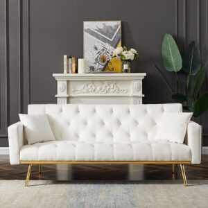 convertible velvet futon sofa bed, 73-inch sleeper couch with 3 reclining angles, living room loveseat sofa with golden tapered metal legs, white