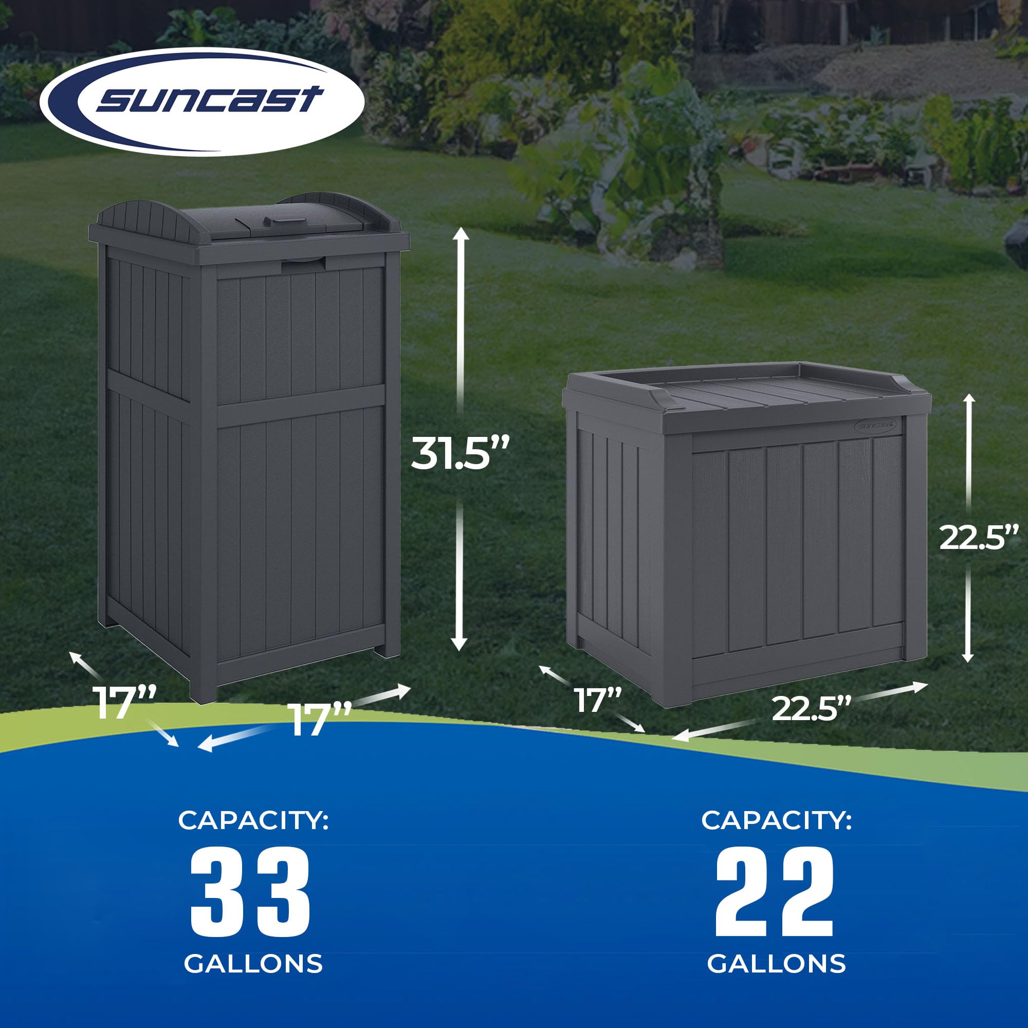 Suncast 22-Gallon Outdoor Patio Backyard Deck Box Storage Bench and 30-Gallon Hideaway Trash Waste Bin with Latching Lid, Cyberspace