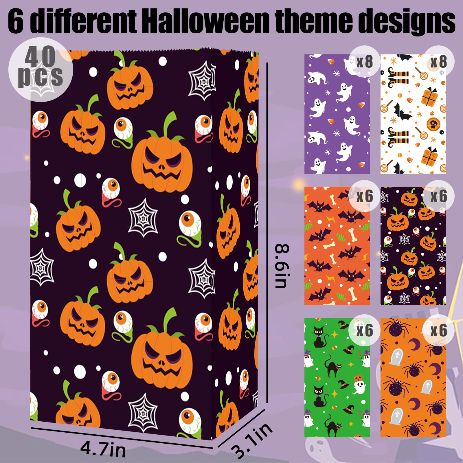 TOXOY 40PCS Halloween Candy Paper Bags, Halloween Treat Bags Goodie Bags Party Favor Bags with Sealing Stickers for Halloween Party Trick or Treat