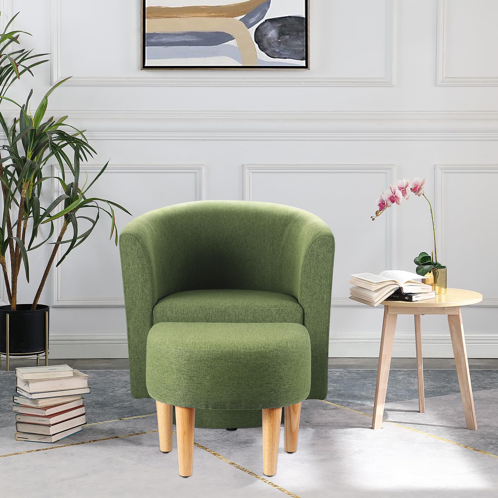 DAZONE Mid Century Modern Chair, Accent Chair Barrel with Ottoman Comfy Arm Footrest Set Comfortable Living Room Chairs Upholstered Round Club Tub Sofa for Bedroom Reading Green, Set of 1