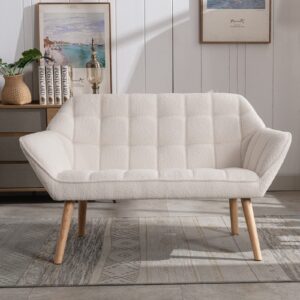 Guyou Small Loveseat for Bedroom 2-Seat Mini Sofa Couch with Wingback and Wood Legs for Living Room Apartment Small Space Fluffy Love Seat, White Sherpa