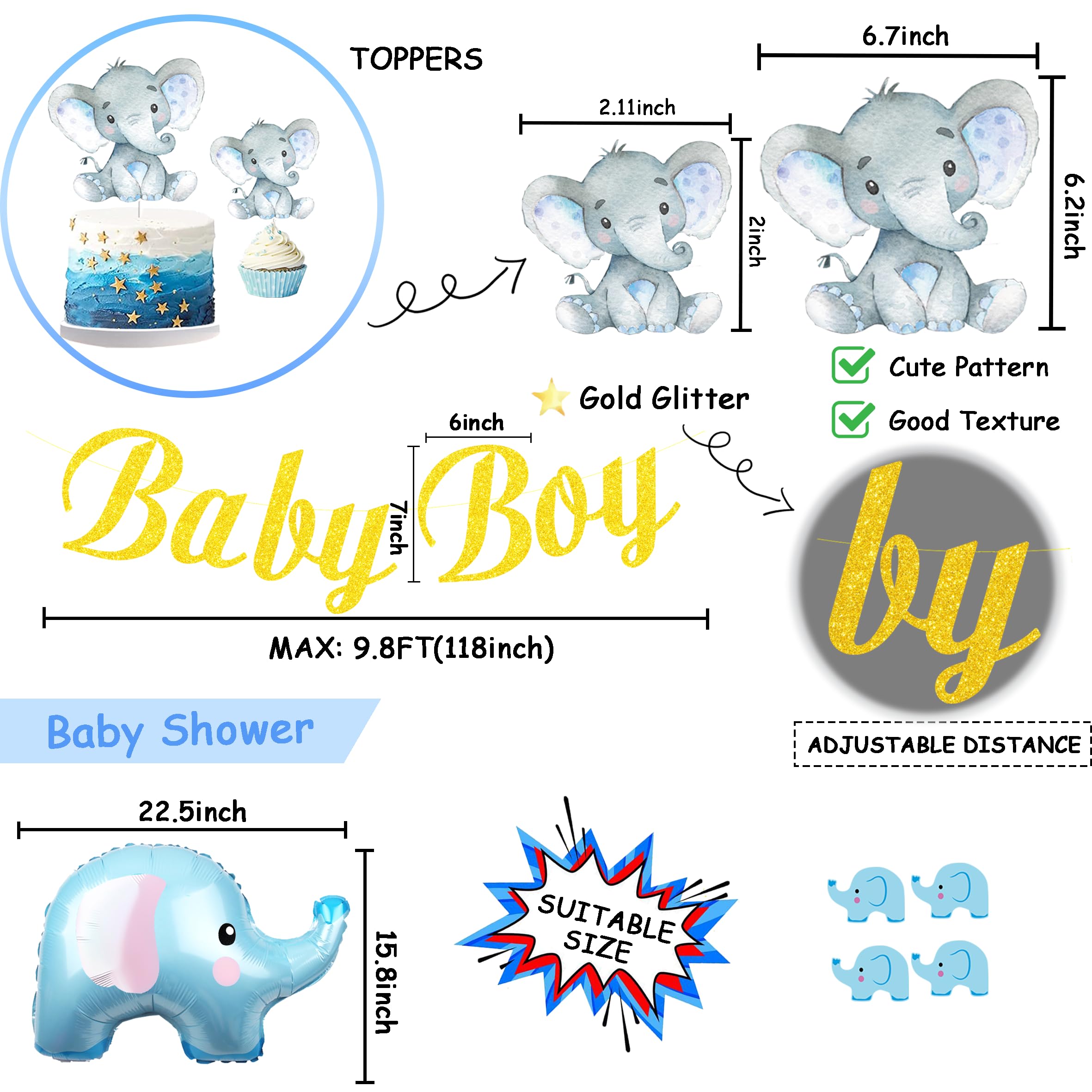 Blue Elephant Baby Shower Decorations for Boy, Baby Boy Shower Supplies, It's a boy Backdrop Banner Balloon Arch Kit Cake Topper Cupcake Topper Cutout for Baby Shower Decorations for Boy