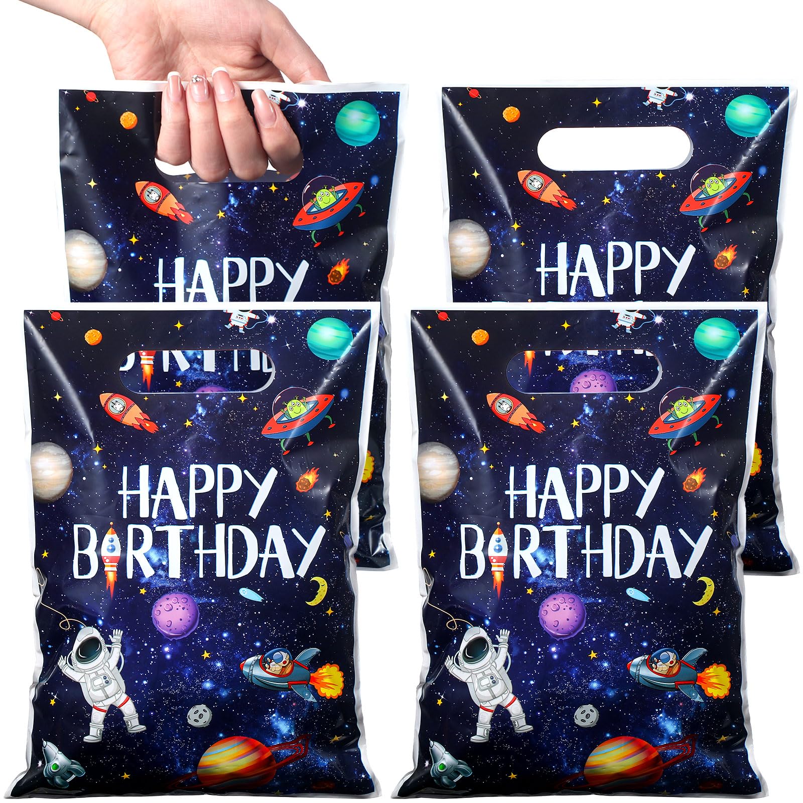 Bokon 50 Pcs Outer Space Birthday Bag Bulk Galaxy Plastic Gift Bags with Handle Planet Party Favor Bags Solar System Astronaut Candy Bags for Kids Birthday Space Theme Party Bags Supplies