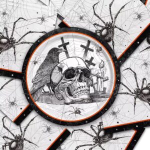 Gatherfun Spider Webs Halloween Party Supplies - Featuring Skull & Spider Themes, All-inclusive Wicked Web Paper Plates and Napkins. Ideal for Halloween Party Decorations, Serve 50 Guests.