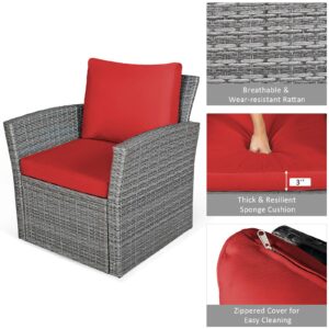 COSTWAY 4 Pieces Patio Rattan Furniture Set, Outdoor Wicker Sofa Set with Tempered Glass Coffee Table, Cushions, All Weather Rattan Conversation Set for Yard Balcony Backyard Pool, Red