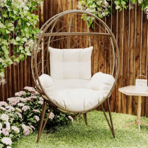 FKSLIFE Wicker Egg Chair with Stand Cushion Outdoor Indoor Lounger Egg Basket Chair for Living Room, Backyard, Balcony, Patio (Beige)