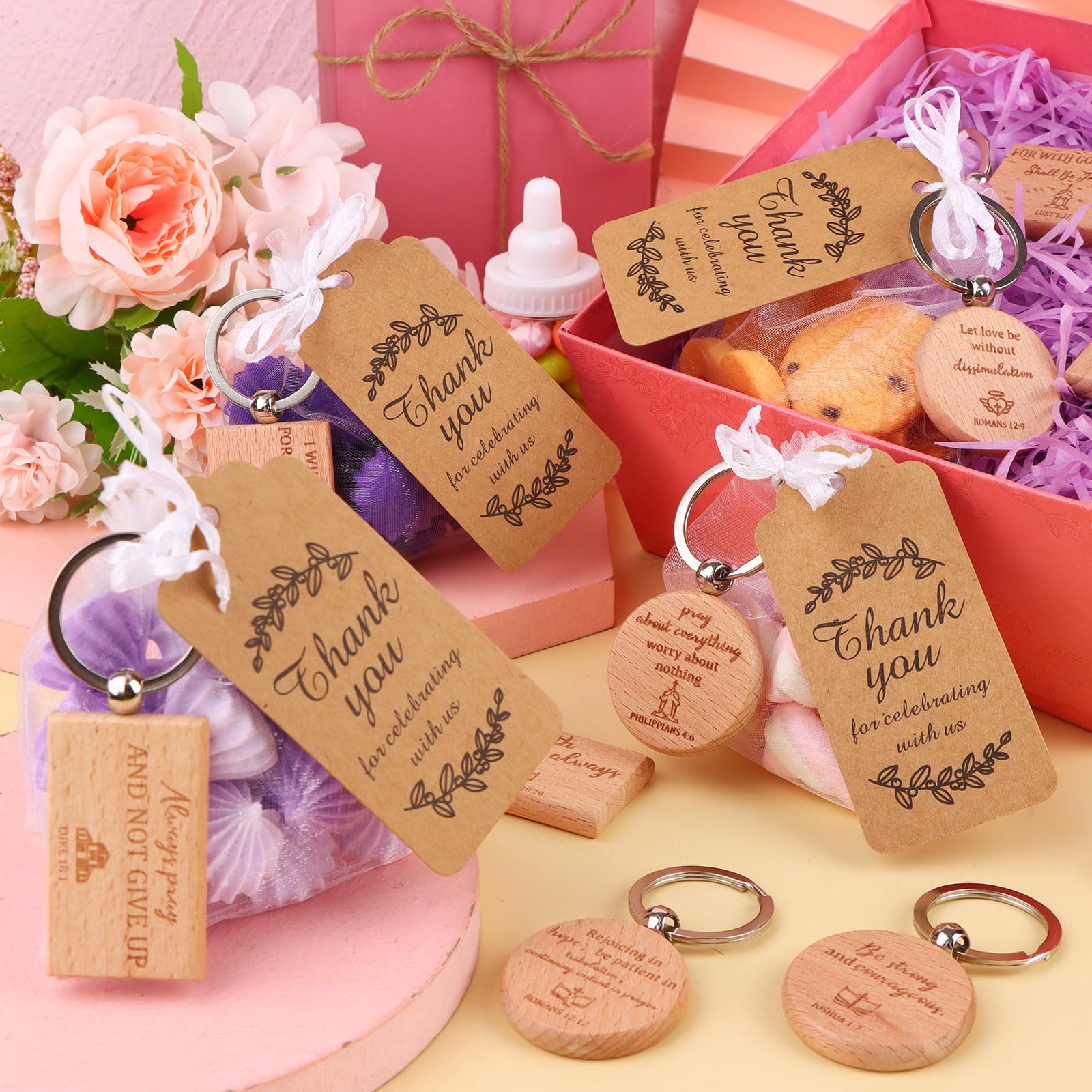 150 Pcs Wooden Bible Inspirational Keychains Bible Verse Bulk Key Rings with Thank You Card & Organza Bags Christian Quotes Wood Keyrings Church Faith Gifts for Prayer Inspirational Engraved Party