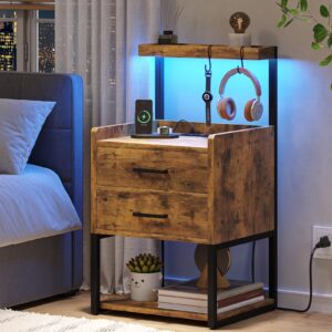 VIAGDO Nightstands Set of 2 with Charging Station, LED Night Stand with 2 Drawers, Rustic Brown Modern Bedside Tables with Open Storage Shelves, End Side Tables for Bedroom, Office