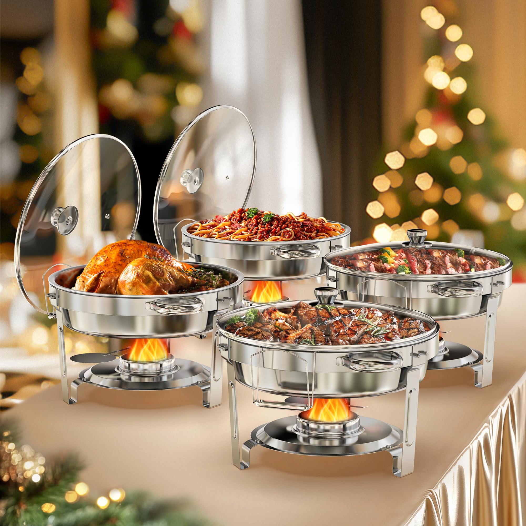 WARMOUNTS 4-Pack Chafing Dish Buffet Set, 98% Assembled 5QT Round Buffet Servers No Assembly Warmers Set, Stainless Steel Catering Food Warmer with Glass Lid & Holder for Party