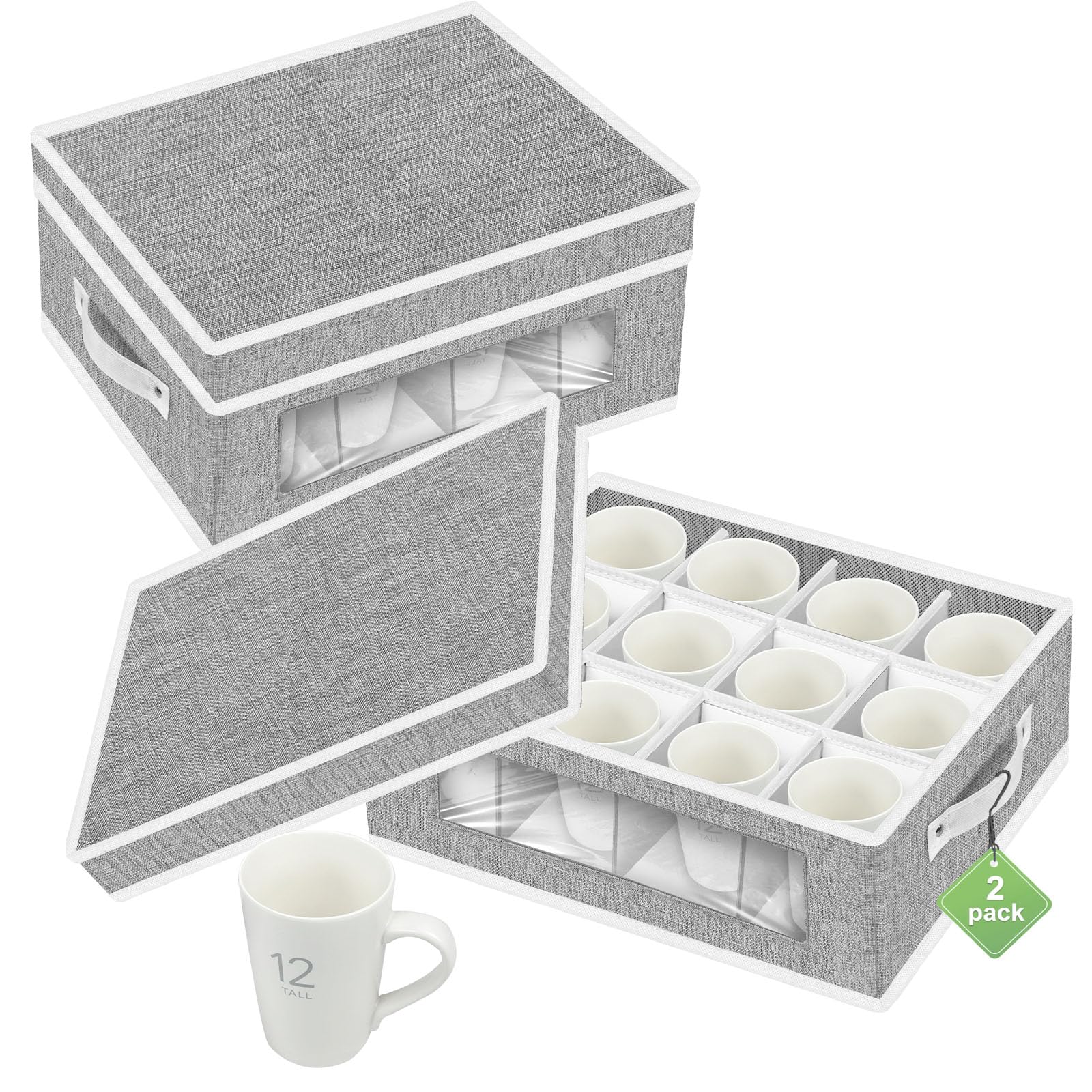 homyfort 2 Pack Cup and Coffee Mug Storage Box Organizer with Dividers, China Storage Containers Hard Shell with 24 Compartments for Mugs Moving and Protection (Grey)