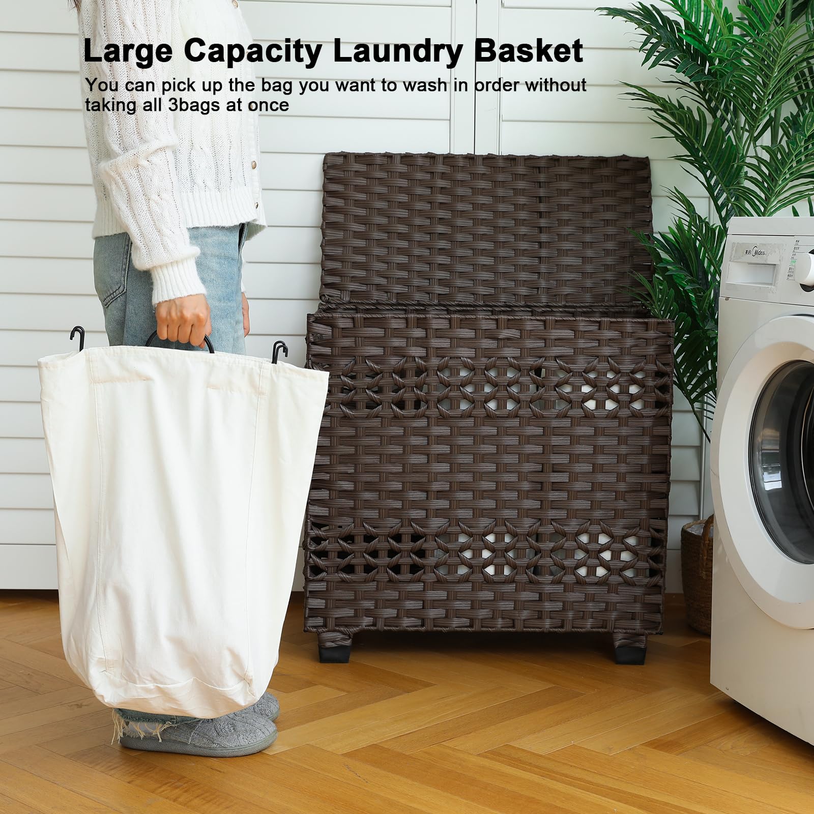 OIAHOMY Laundry Hamper with Lid, 140L Clothes Hamper with 3 Removable Liner Bags, Foldable Hamper with Lid, Synthetic Wicker Laundry Hamper for Bedroom, 27x 13 x 26 Inches, Brown