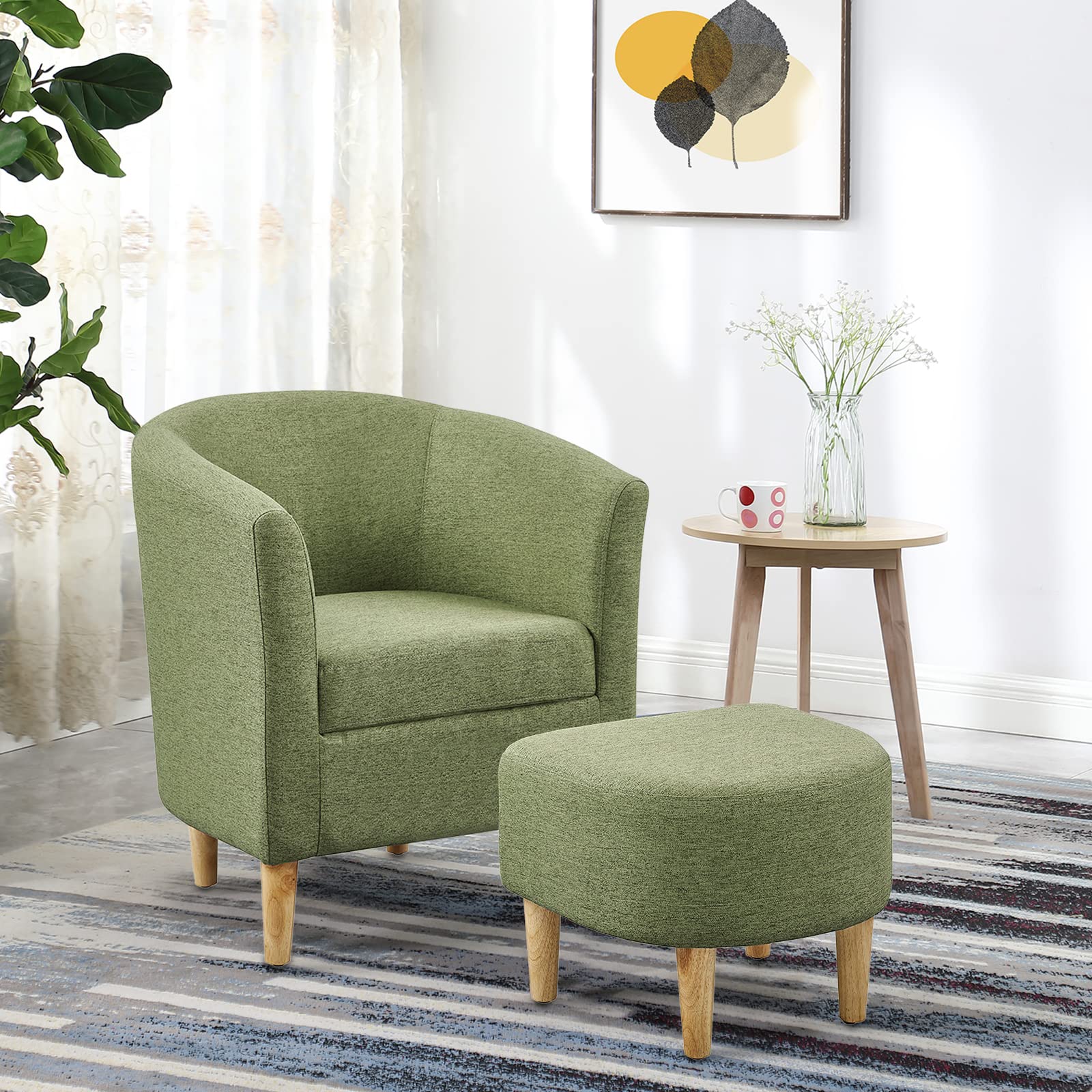 DAZONE Mid Century Modern Chair, Accent Chair Barrel with Ottoman Comfy Arm Footrest Set Comfortable Living Room Chairs Upholstered Round Club Tub Sofa for Bedroom Reading Green, Set of 1